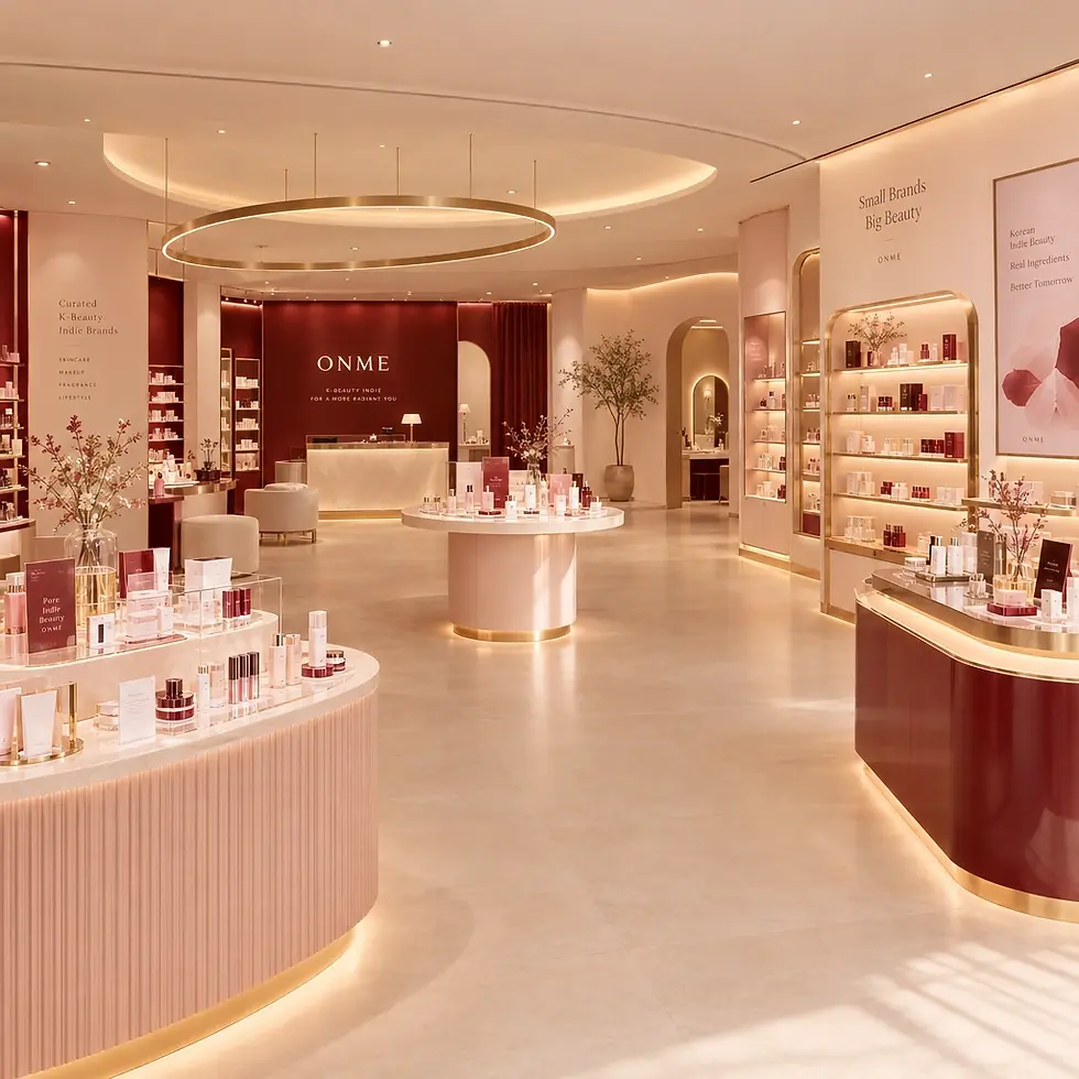 Studio photography of a modern, upscale cosmetics boutique interior with warm lighting. Soft pink and maroon tones create an elegant and inviting shopping atmosphere.