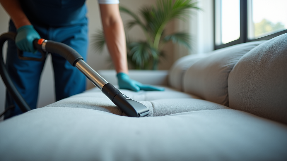 Eye-level view of a technician cleaning a sofa with professional equipment