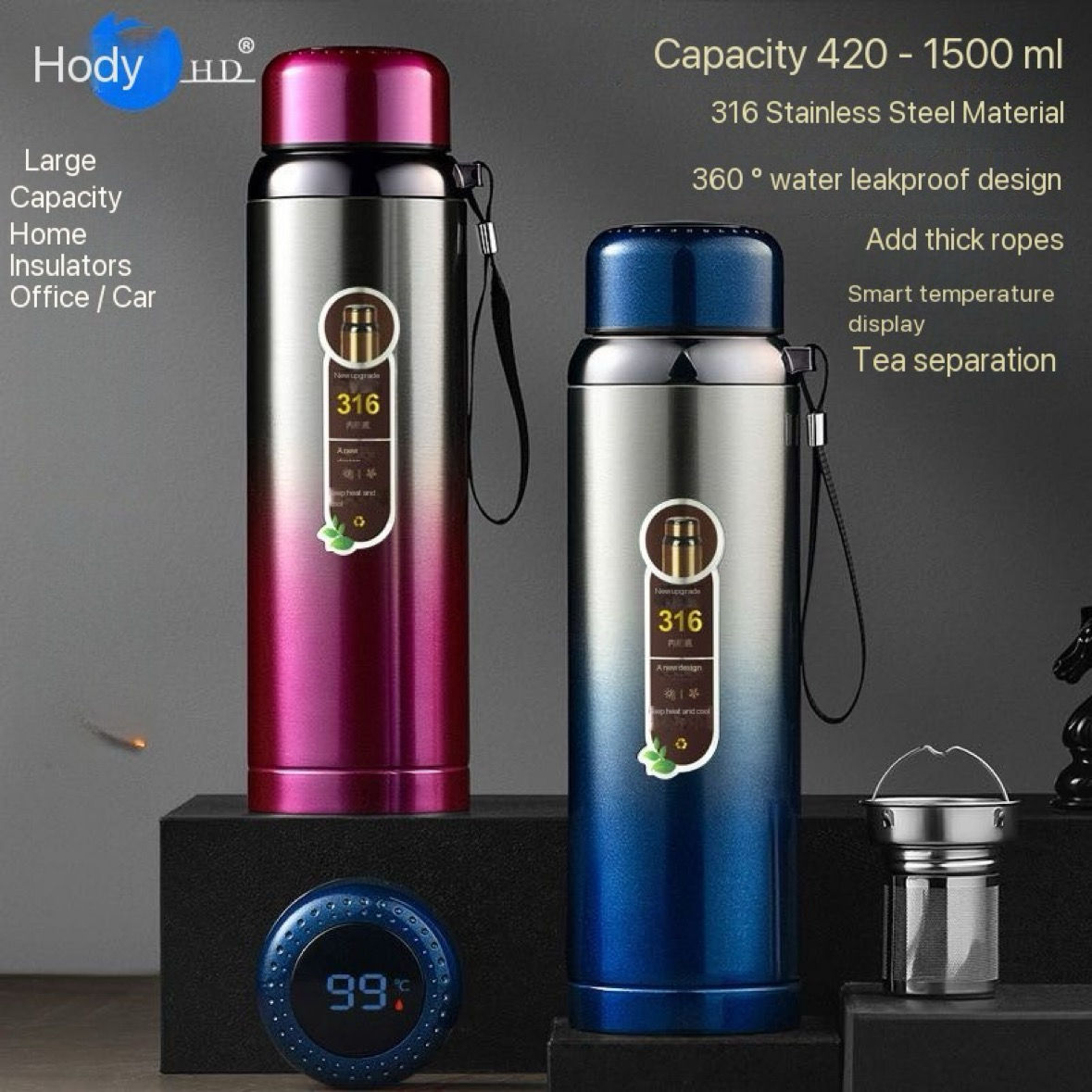 Large capacity double cover thermos cup 316