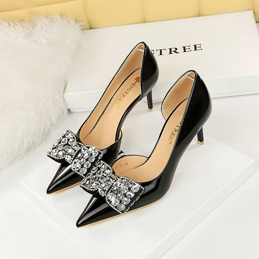 Thumbnail: women's shoes high heels shallow mouth pointed side hollow rhinestone bow 