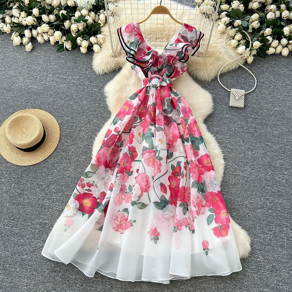縮圖：French elegant dress for women in summer, high-end ruffled V-neck