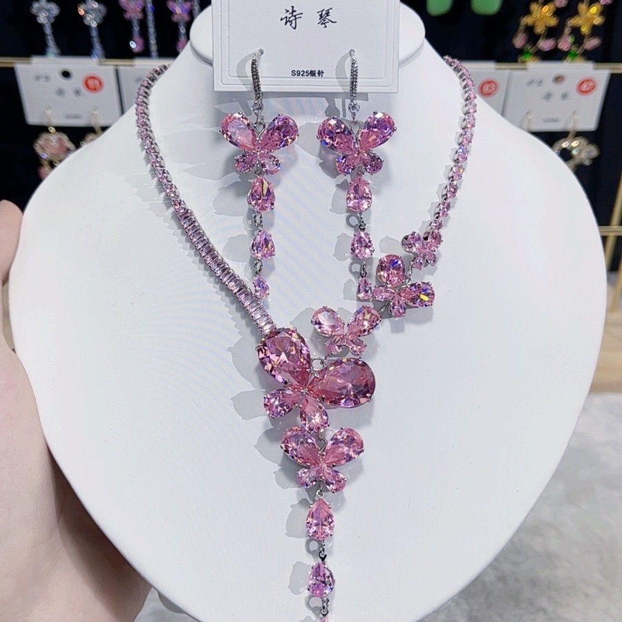 縮圖：Fashionable zircon luxury necklace + earrings set Y butterfly 