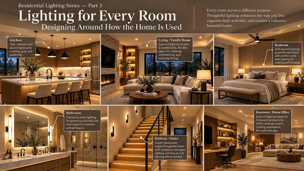 Residential lighting design examples for kitchen, living room, bedroom, bathroom, stairs, basement and home office.