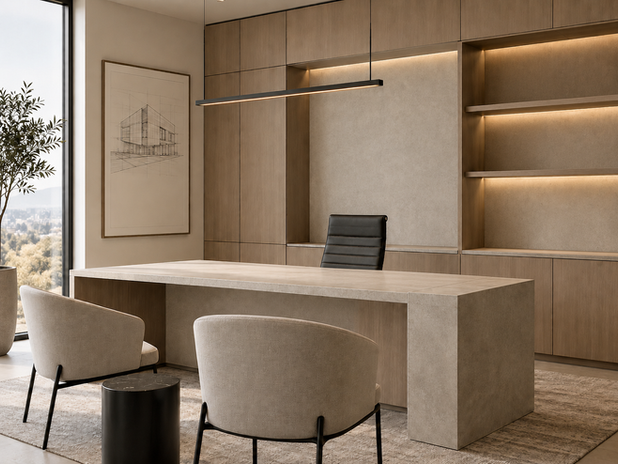 Modern home office with custom wood millwork, wall-mounted cabinetry, integrated lighting and natural finishes in a Toronto residence.
