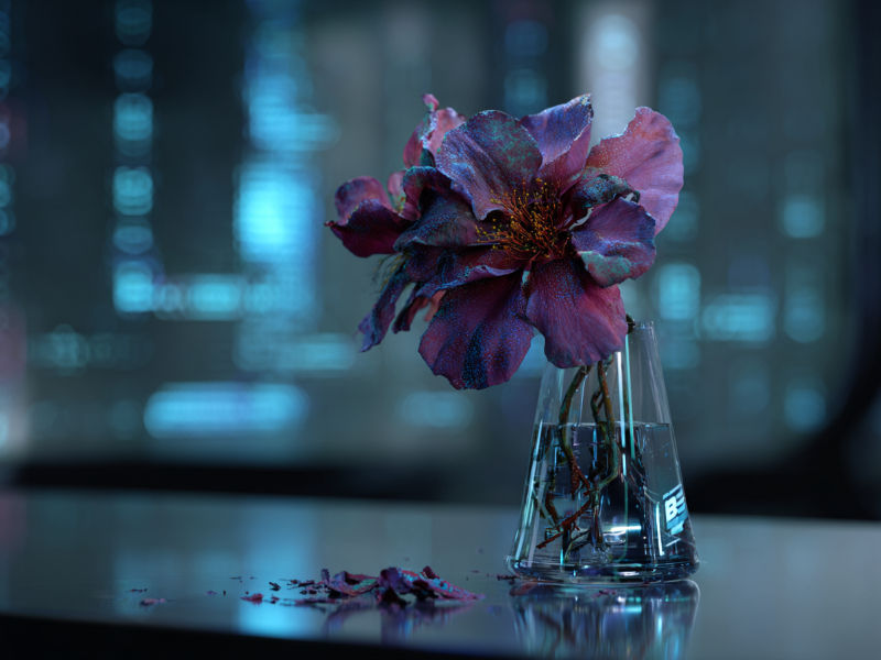 A fading flower with digital elements in a glass vase, symbolizing transformation and renewal in a high-tech environment.