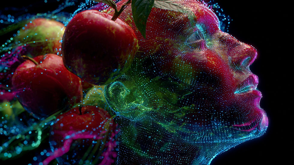 Abstract image of a human face intertwined with apples and vibrant digital light patterns, symbolizing creativity, perception, and technology.