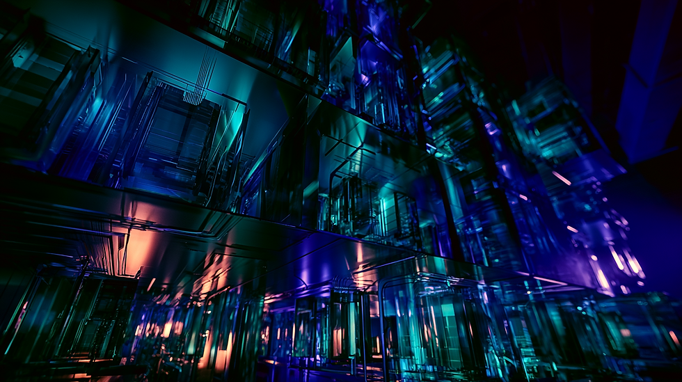 Abstract futuristic glass structure with neon blue, teal, and purple reflections in a dark, moody scene