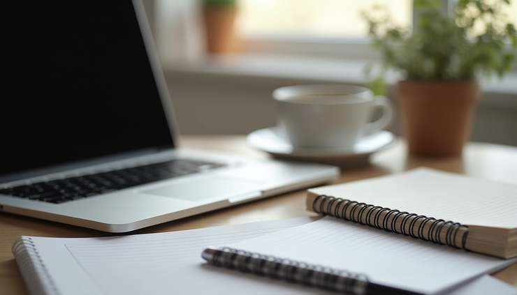 Eye-level view of a laptop on a desk with study materials and a cup of coffee, representing online learning at home