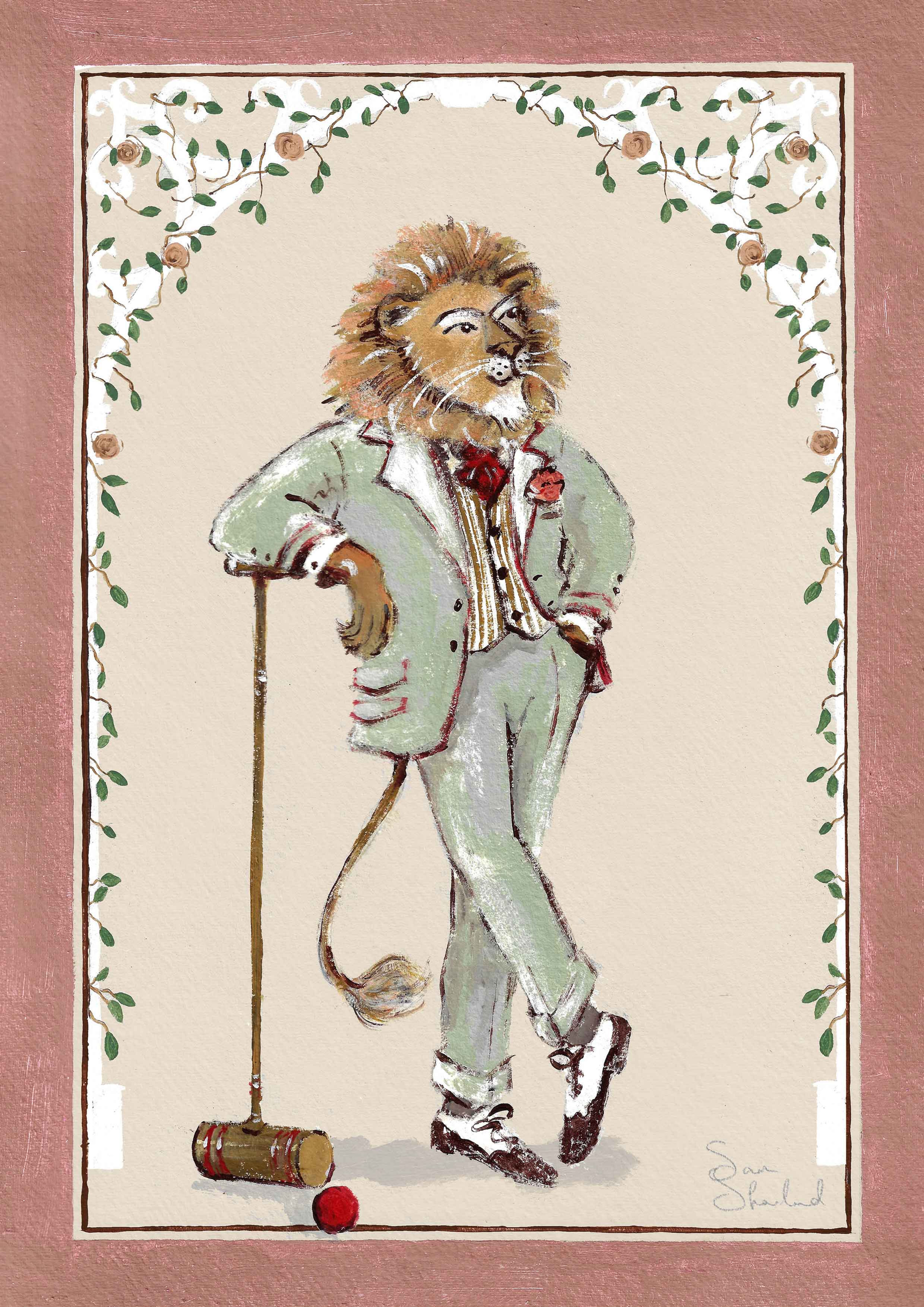 Lion in a pale green suit leaning on a croquet mallet, surrounded by climbing roses and a coral-pink border.
