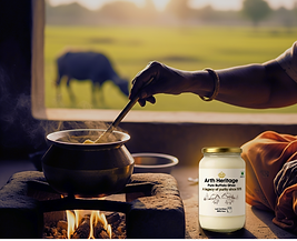 Jar of Arth Heritage pure buffalo ghee placed on a rustic wooden surface with a traditional Indian kitchen background