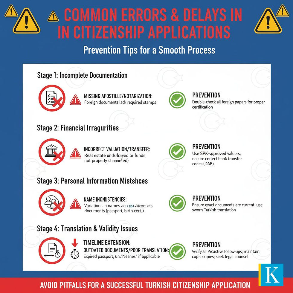 Common citizenship application errors guide. Highlights documentation, financial, info, translation issues with prevention tips. Blue/red theme.