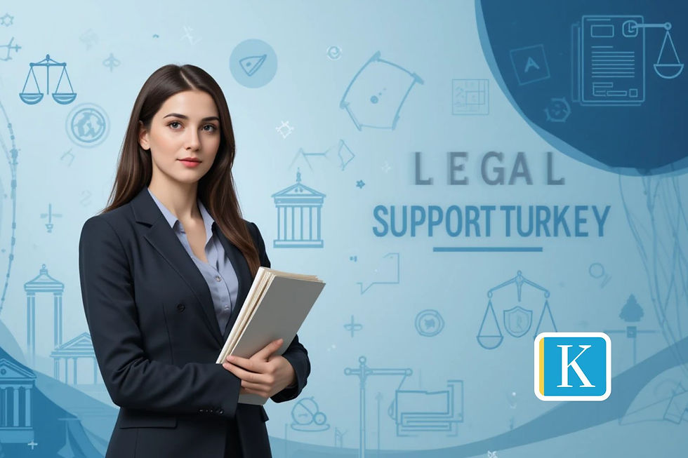 Woman in a suit holds documents against a blue legal-themed background. Text reads "LEGAL SUPPORT TURKEY." Calm, professional mood.
Discover comprehensive Legal Support in Turkey for expats, investors, and families. Navigate Turkish law confidently with expert guidance today.