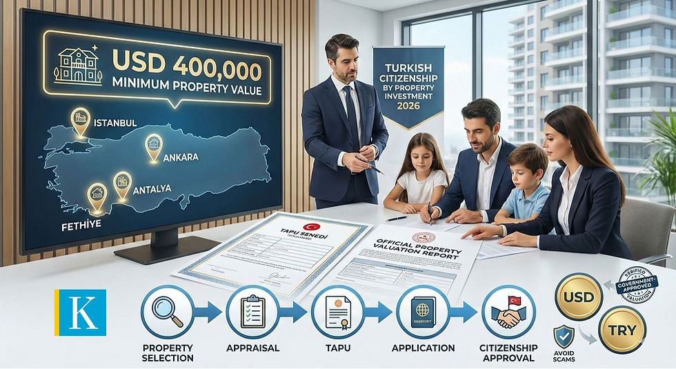 Family with two children and advisor discuss Turkish property investment; documents, map, and flowchart visible. Blue, modern office setting.