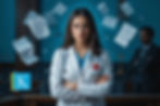 Female doctor in white coat stands confidently in court, papers flying around. Blue background, man in suit blurred behind, serious mood. Medical Malpractice in Turkey 2025: What Every Patient Must Know