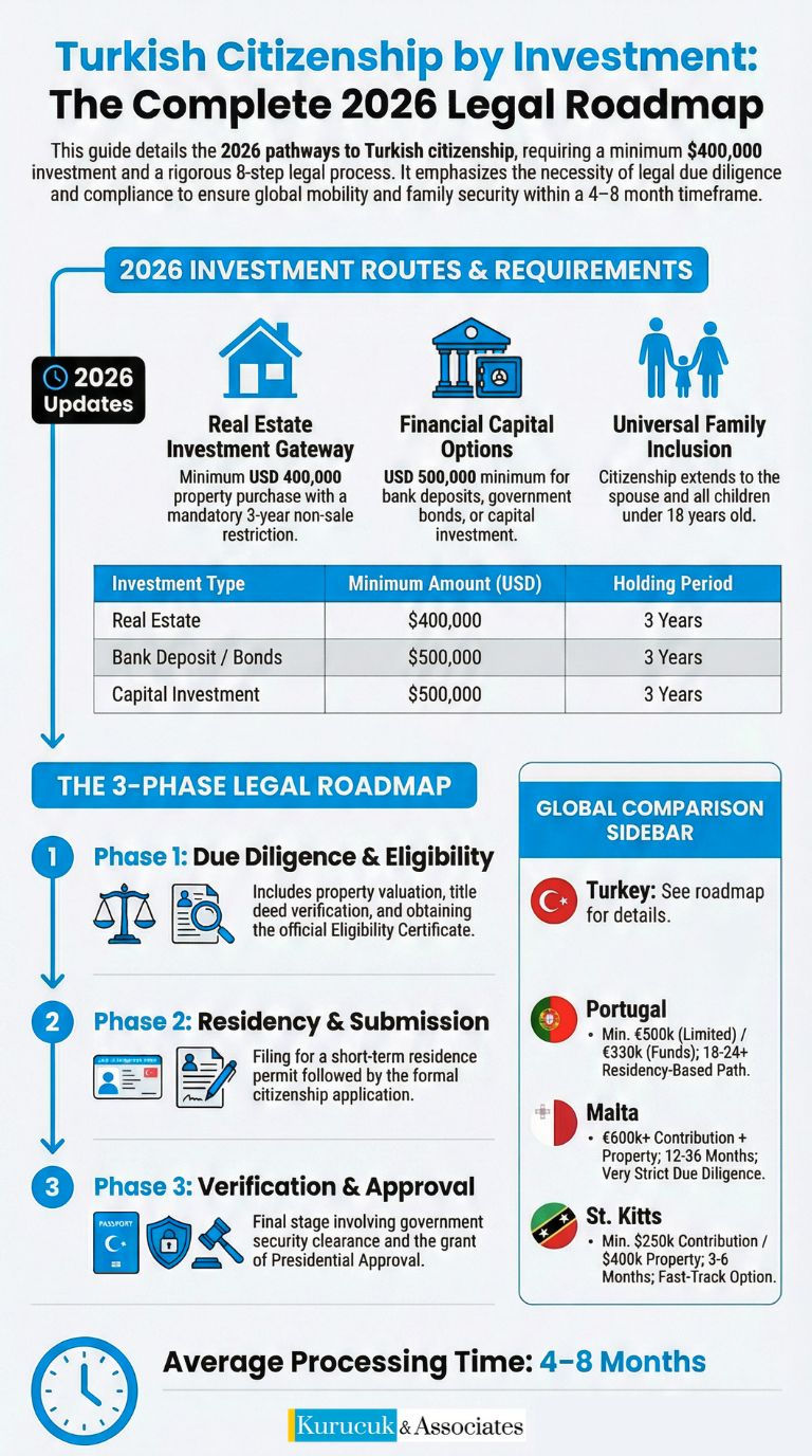 Infographic showing all steps, investment options, family inclusion, legal guidance, and benefits for obtaining Turkish citizenship by investment in 2026 with a licensed Turkish citizenship lawyer