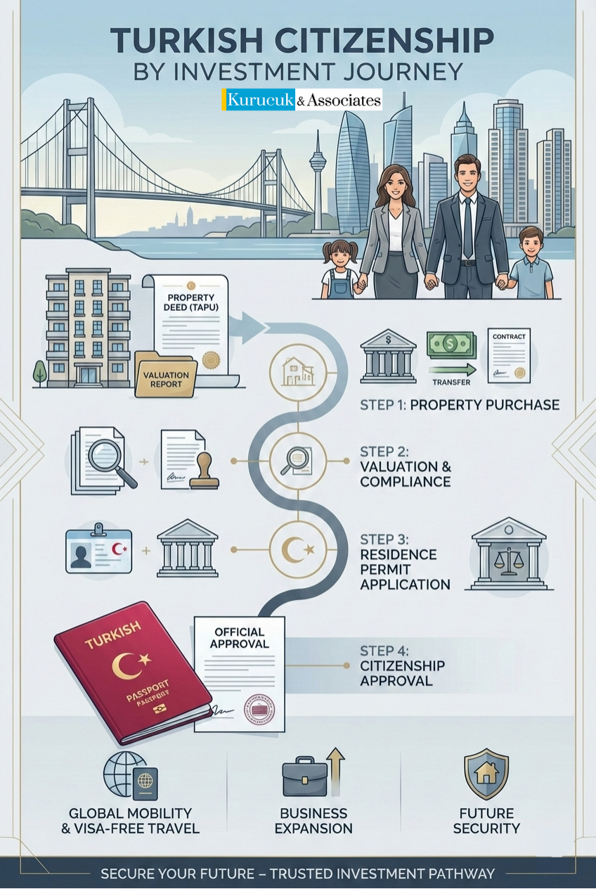 Family in front of a cityscape, steps to Turkish citizenship by investment: property purchase, valuation, residence permit. Passport shown.