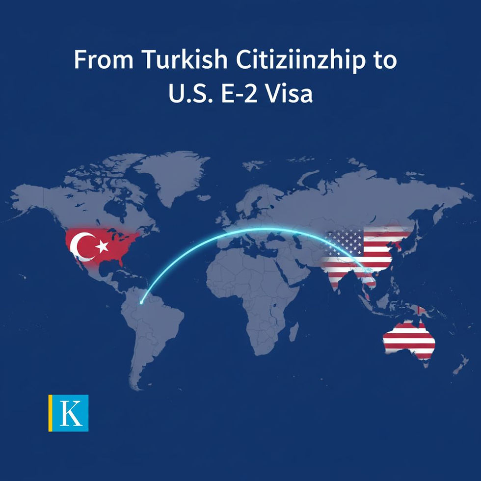 Map showing a blue arc from Turkey to the U.S., with Turkish and U.S. flags. Text: From Turkish Citizenship to U.S. E-2 Visa. Blue background.
Turkish Citizenship by Investment a gateway to US Visa