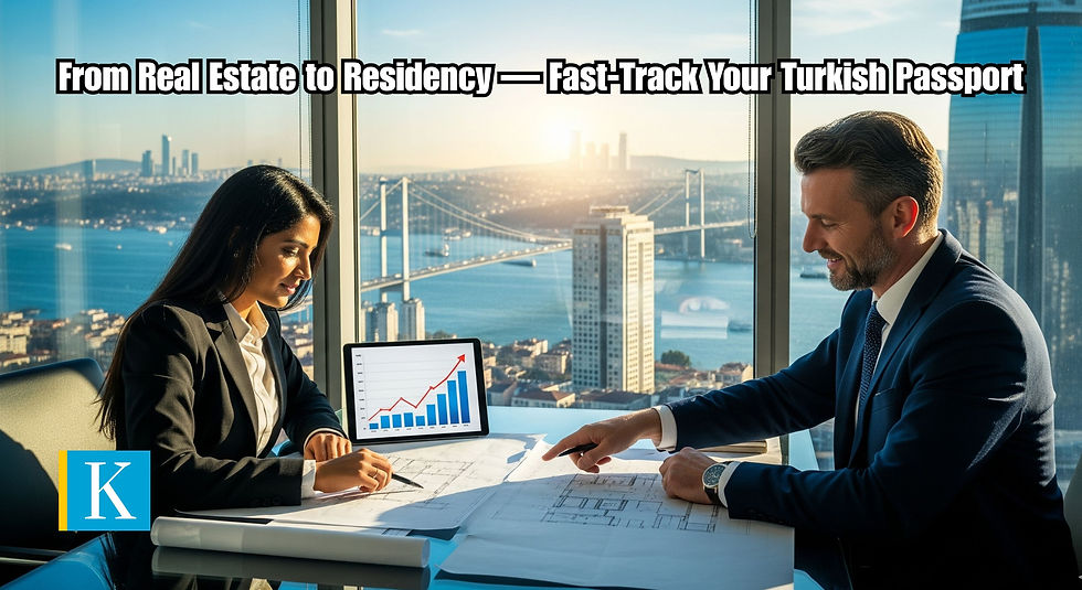 Two businesspeople discussing documents in an office with a cityscape view. A tablet shows a graph. Text: From Real Estate to Residency.