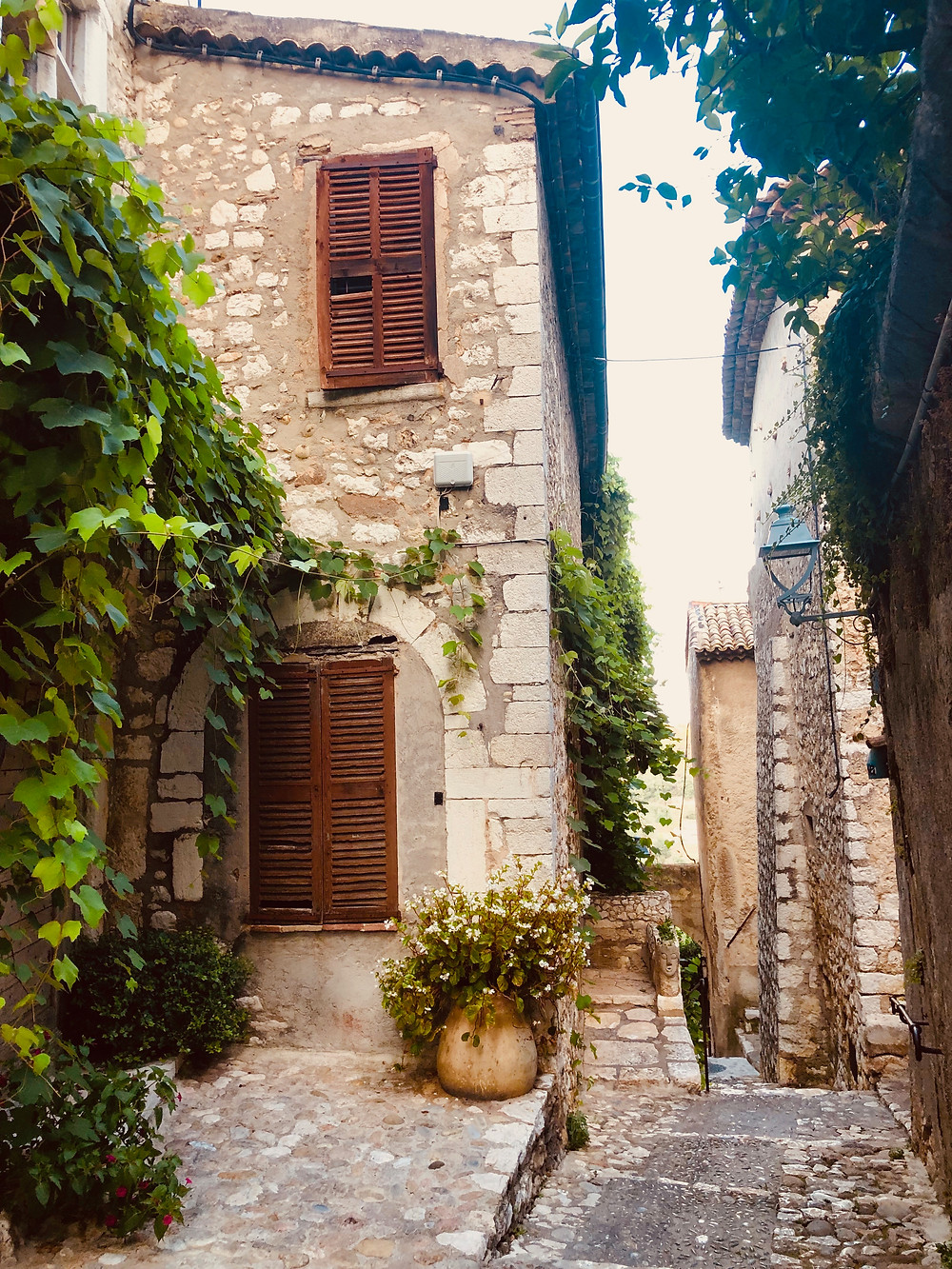 The cobblestone streets of the most beautiful hilltop town in the French Riviera, St. Paul de Vence.