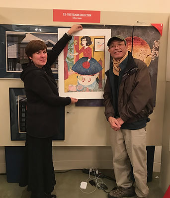 photograph of contemporary Japanese print dealer Allison Tolman of The Tolman Collection of New York with artist HIRATSUKA Yuji
