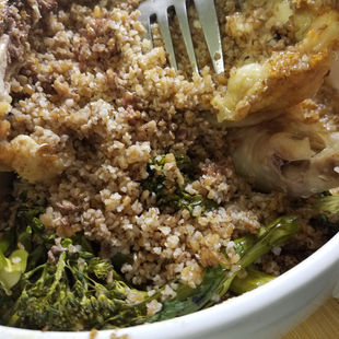 Roast Ginger Chicken, Miso-Chicken Jus Broccolette, Bulgar Wheat Pilaf