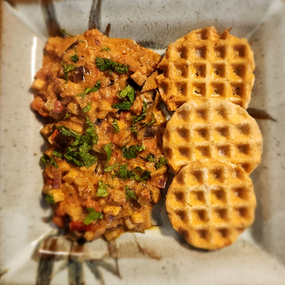 Waffled Tofu with Spiced Eggplant "Gravy"