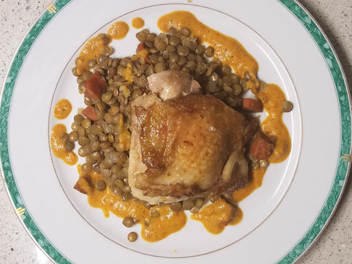 Slow Roasted Chicken Thighs with Lentils, Chorizo and Red Pepper Romesco