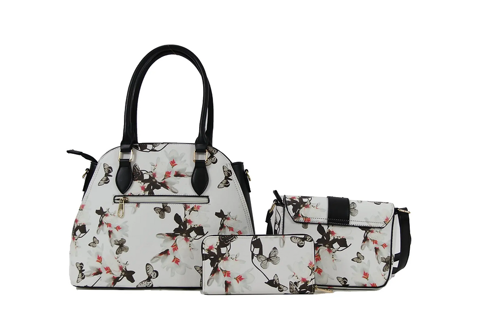 Thumbnail: Sky Black Butterfly Floral Satchel Purse Collection (White)