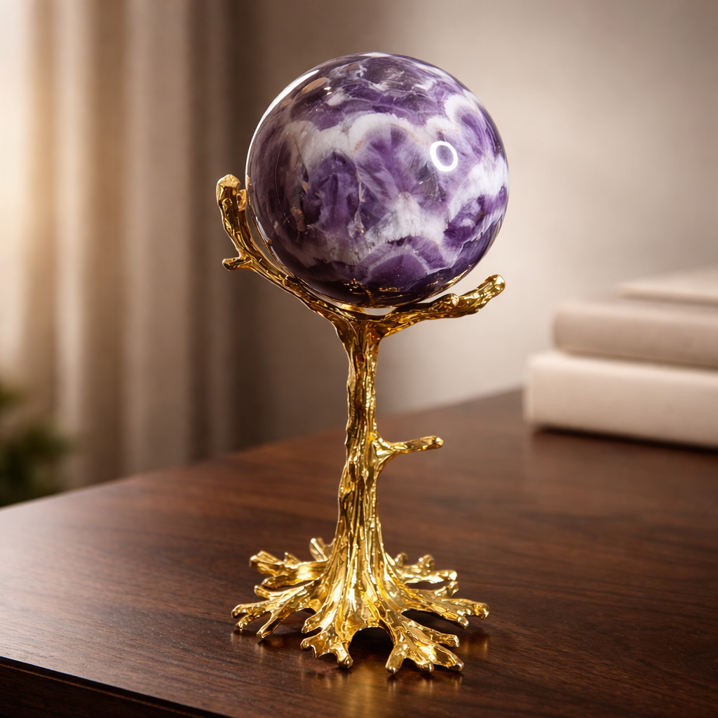 Dream Amethyst Sphere on Golden Tree Holder – 75 MM