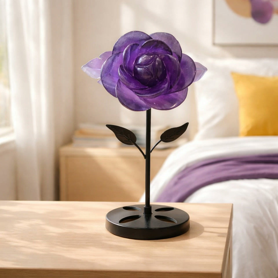 Thumbnail: Rare Black Rose Fluorite Crystal Flower on Stand