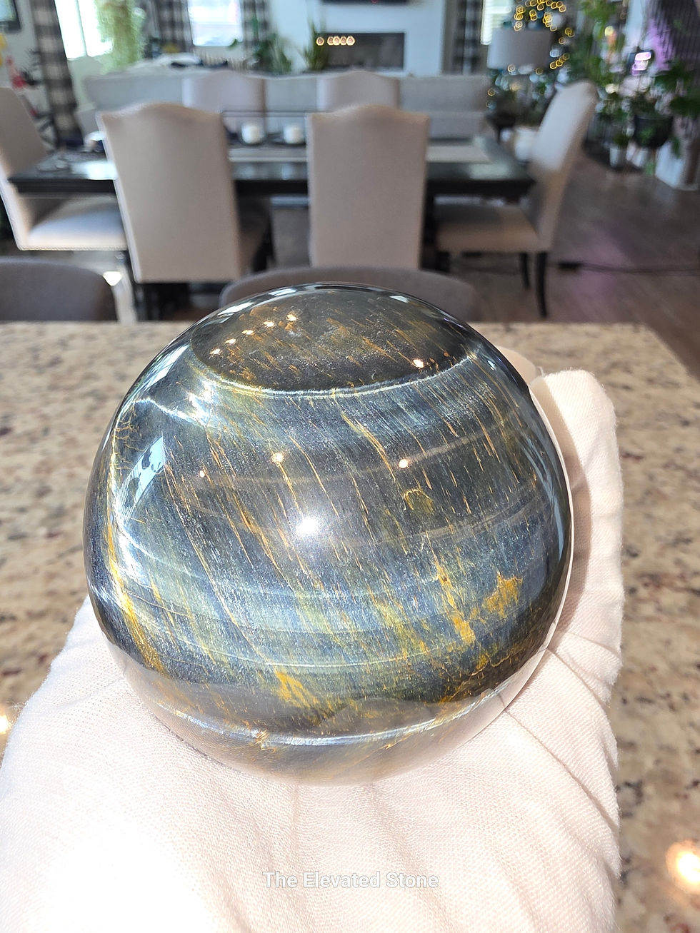 Thumbnail: Large Blue Tiger Eye Sphere with Gold Holder - 82 MM 3 1/4 Inches Wide