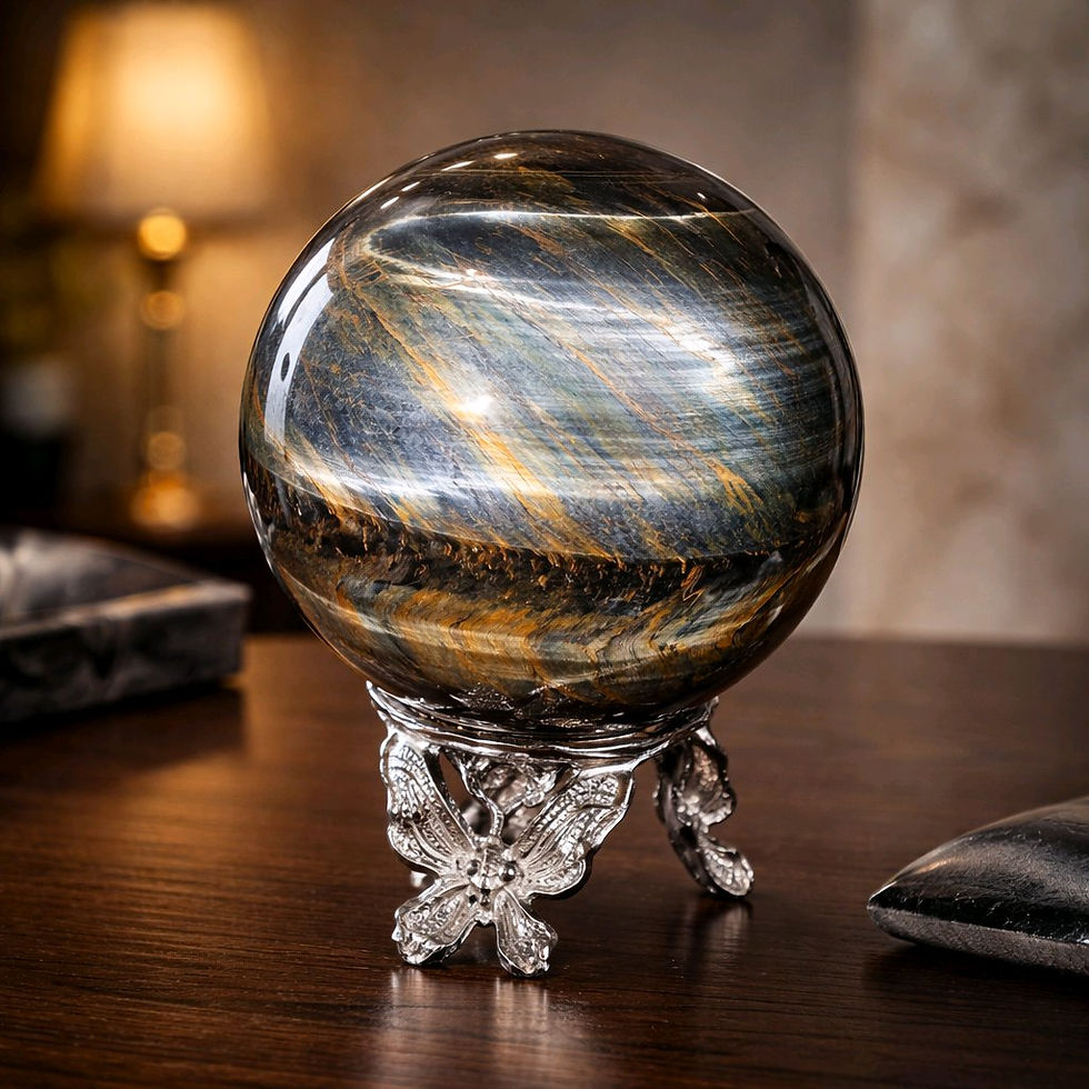 Thumbnail: Large Blue Tiger Eye Sphere with Gold Holder - 82 MM 3 1/4 Inches Wide