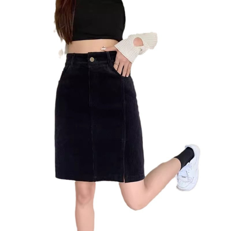 Thumbnail: plus size Corduroy Midi Skirt Women's Autumn and Winter High Waist Split A- Line