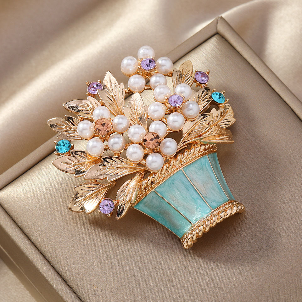 Thumbnail: New Glazed Pearl Flower Brooch Fashion Flower Basket Potted Pin Ancient Vintage 