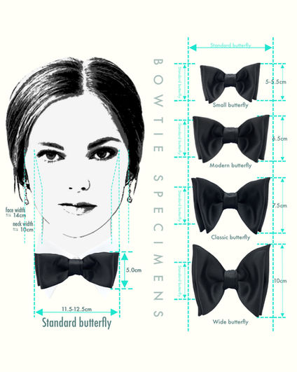 The size comparison of the Butterfly shape pre-tied bowties
「バタフライ形 作り結び蝶ネクタイ」のサイズ比較