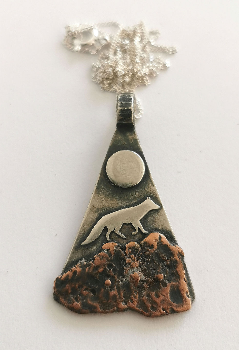 Thumbnail: Sterling Silver & Copper Fox Wolf under the Moon Pendant Necklace 