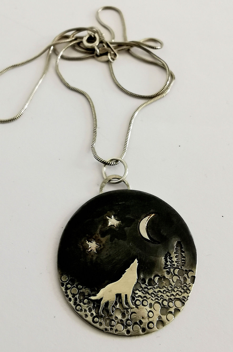 Thumbnail: Sterling Silver Wolf Howling at the Moon Pendant