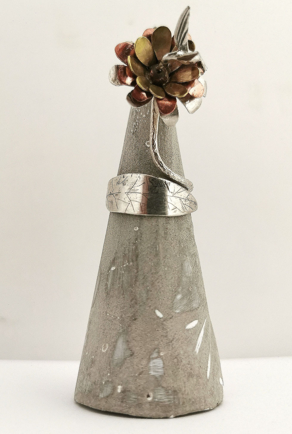 Thumbnail: Sterling Silver Copper & Brass Hummingbird in Flower Ring