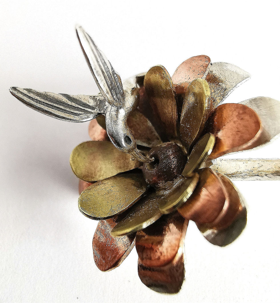 Thumbnail: Sterling Silver Copper & Brass Hummingbird in Flower Ring