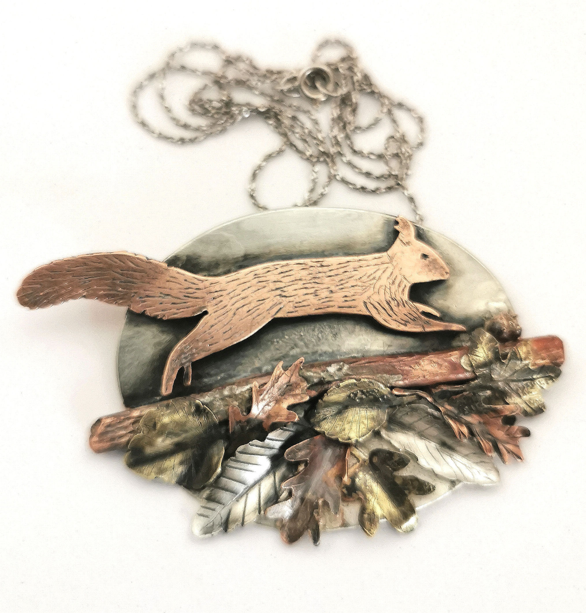 Sterling Silver Copper & Brass Running Squirrel in Autumn Leaves Pendant