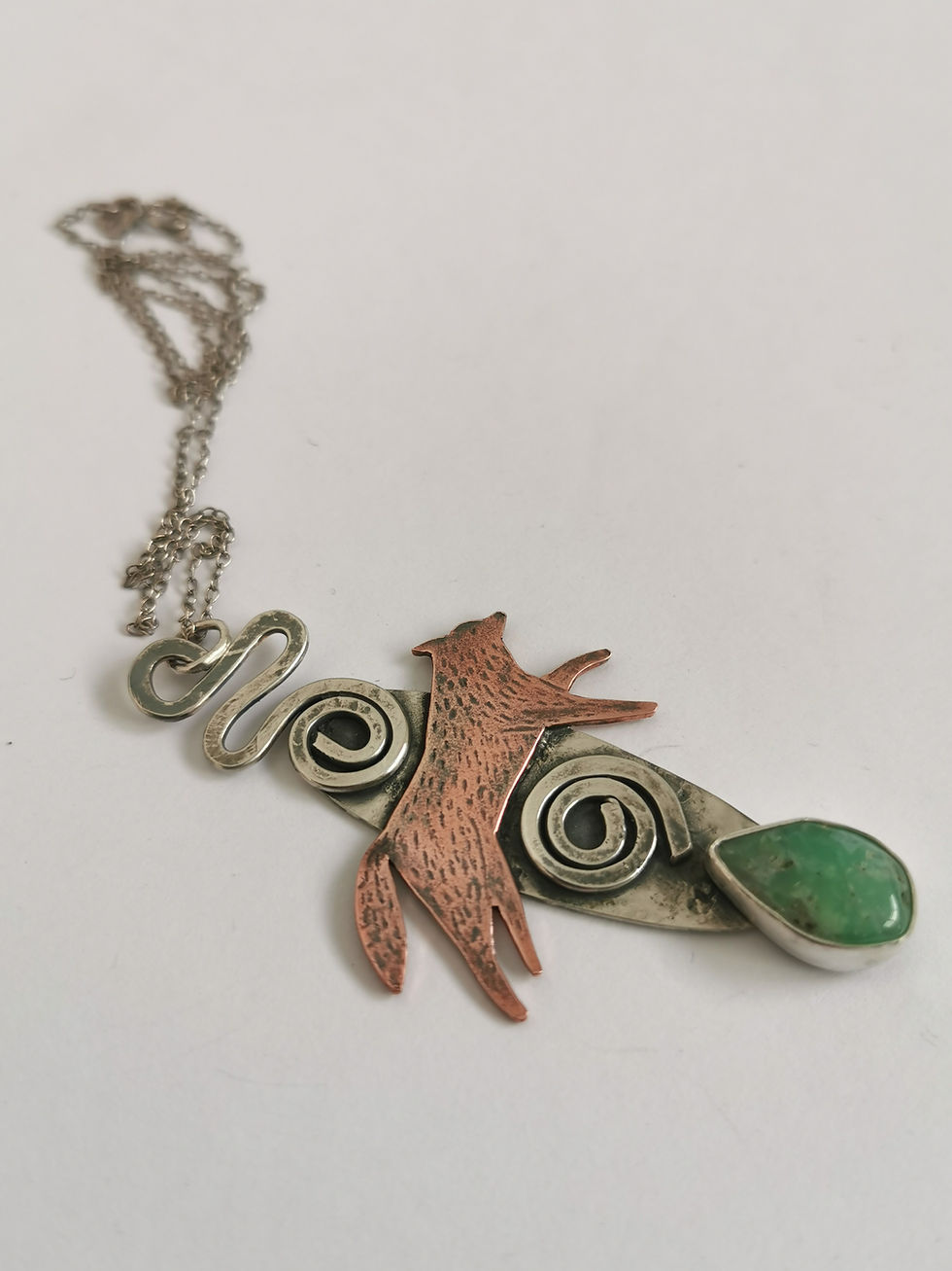Thumbnail: Wolf Alaskan Malamute Sterling Silver Copper & Chrysoprase Necklace
