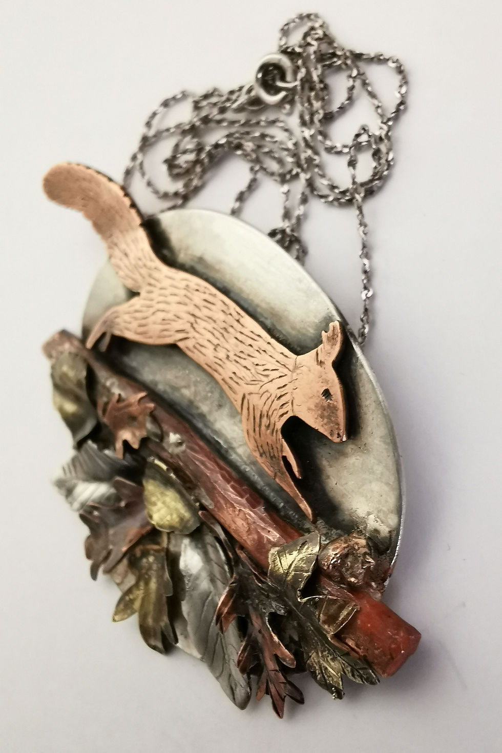 Thumbnail: Sterling Silver Copper & Brass Running Squirrel in Autumn Leaves Pendant 