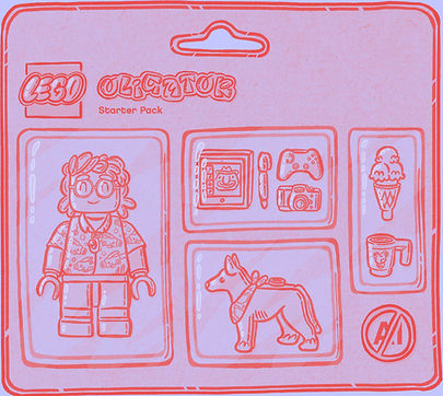 Oligator 'Starter Pack' features a LEGO Minifigure version of the artist with their design tools, greyhound Bonnie, favourite food (ice cream) and favourite mug.