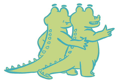 an illustration of two gators admiring the framed designs of OLIGATOR