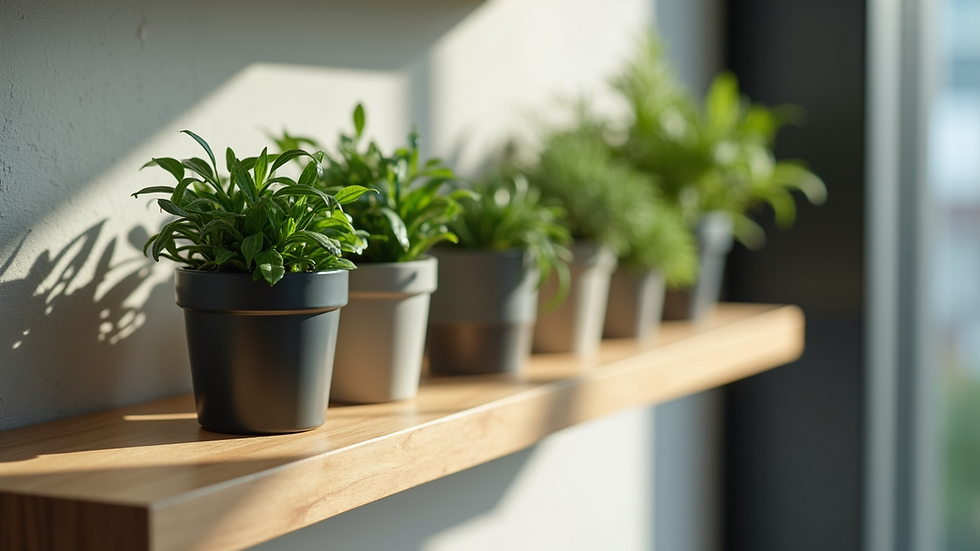 Close-up of indoor office plants on a wooden shelf