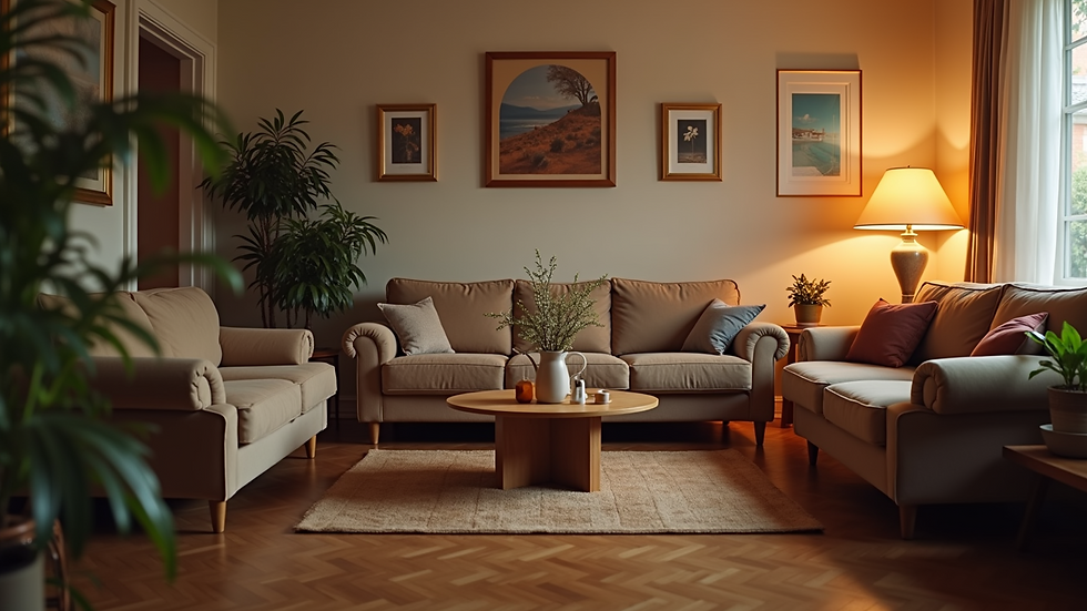 Eye-level view of a cozy living room with personalized decor and warm lighting