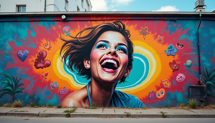 Eye-level view of a vibrant mural symbolizing courage and creativity on a city wall