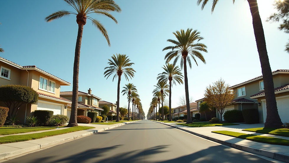 Eye-level view of a Newport Beach residential neighborhood with houses and palm trees