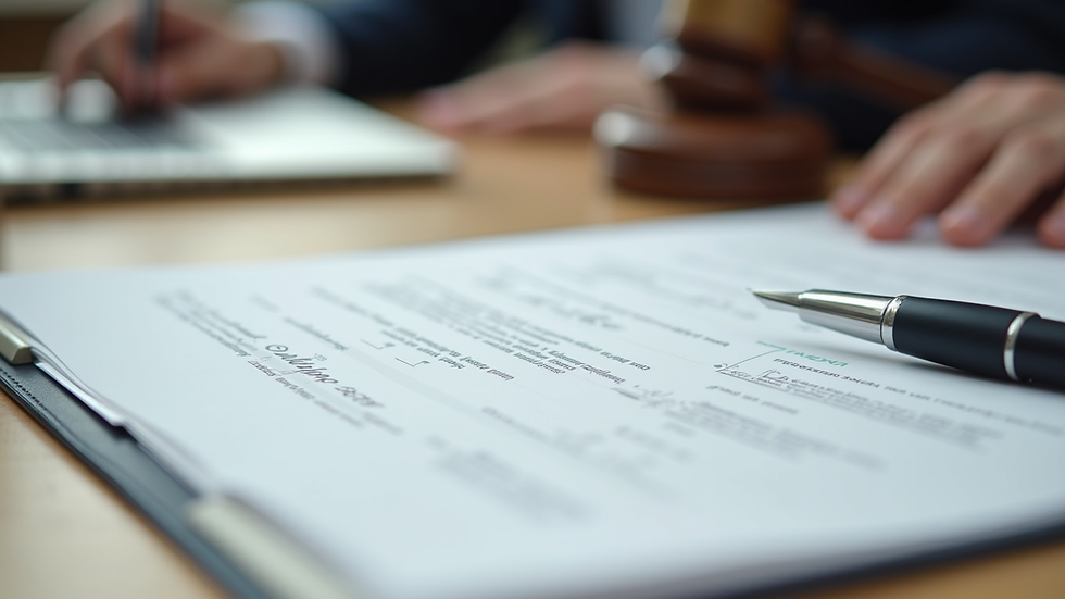 Close-up view of legal documents and a pen on a wooden desk