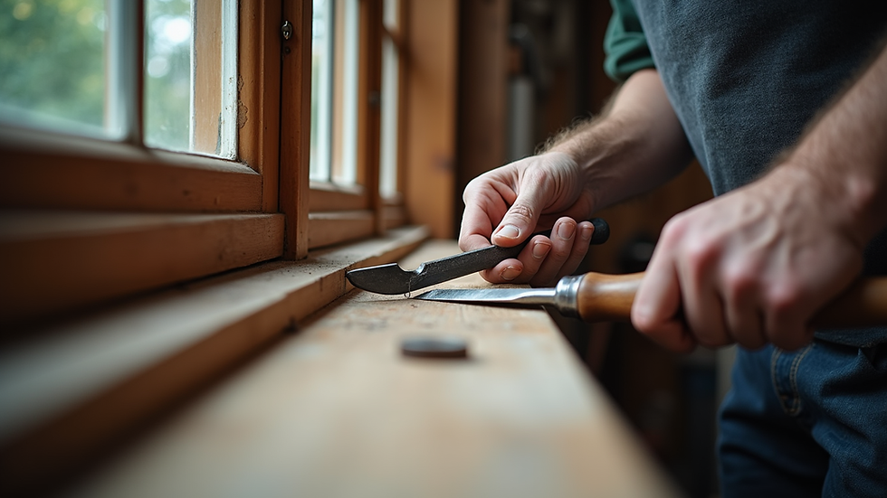 Eye-level view of a craftsman restoring a timber sash window with traditional tools
